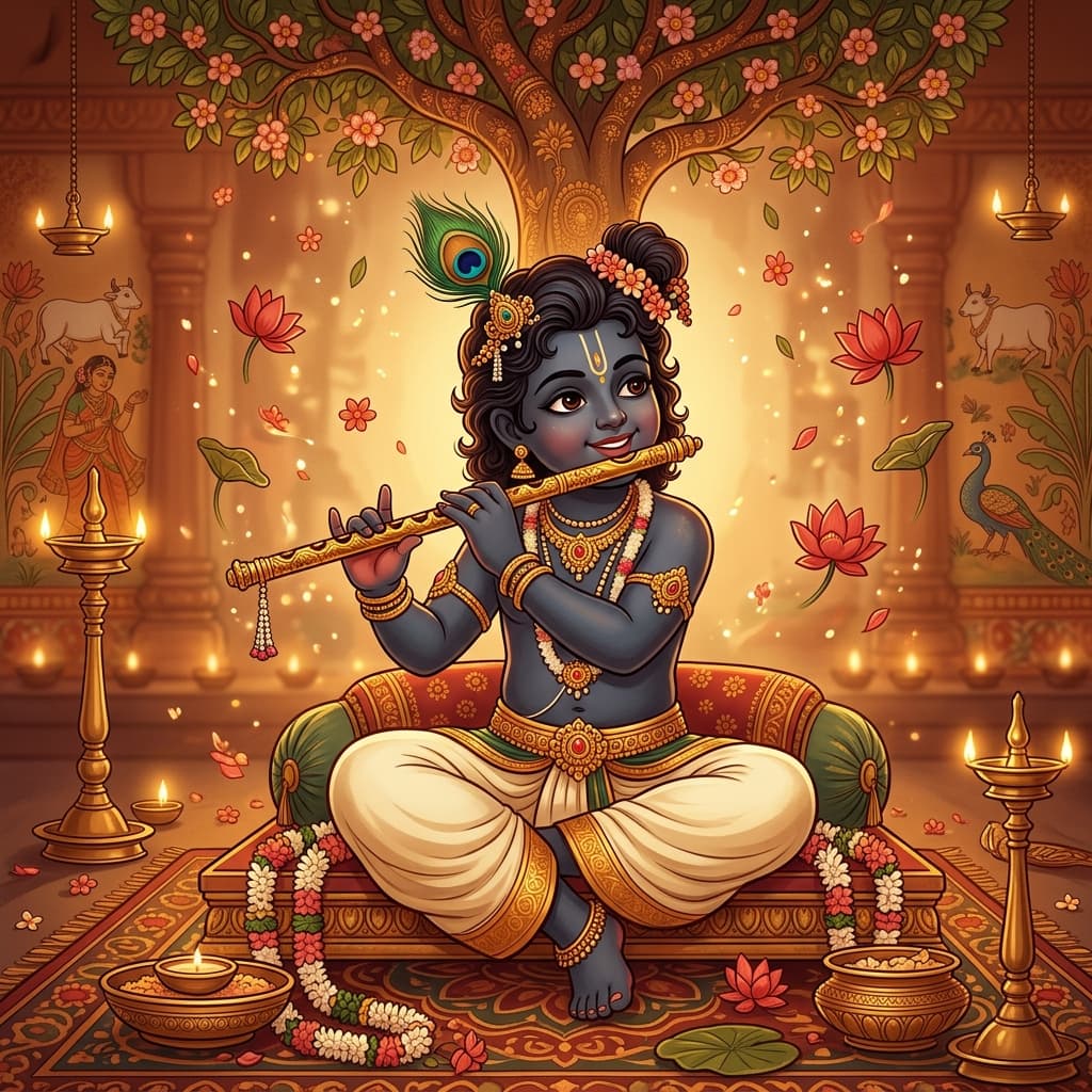 Child Krishna with Flute - Kerala Mural Style
